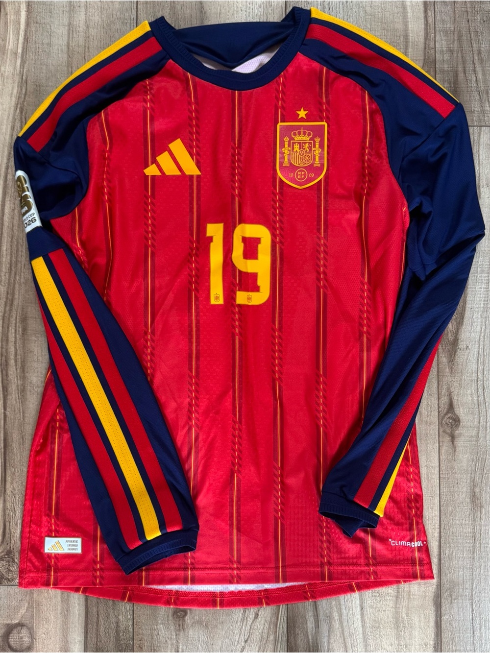 adidas Red Navy Spain Long-Sleeve Soccer Jersey with Yellow Accents